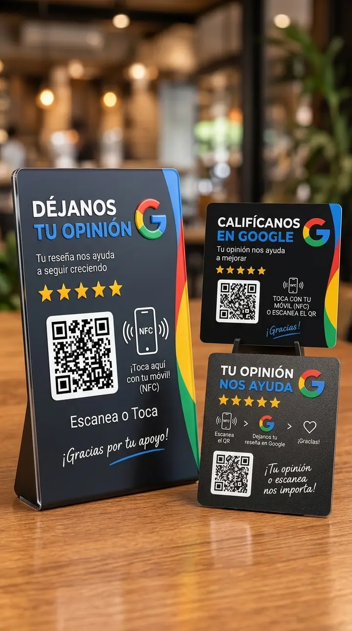 Tres modelos de soportes y tarjetas de reseñas con NFC y QR sobre la mesa de un restaurante.