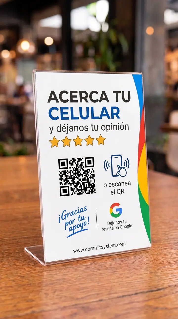 Soporte blanco de acrílico con el mensaje "Acerca tu celular y déjanos tu opinión", código QR y zona NFC.